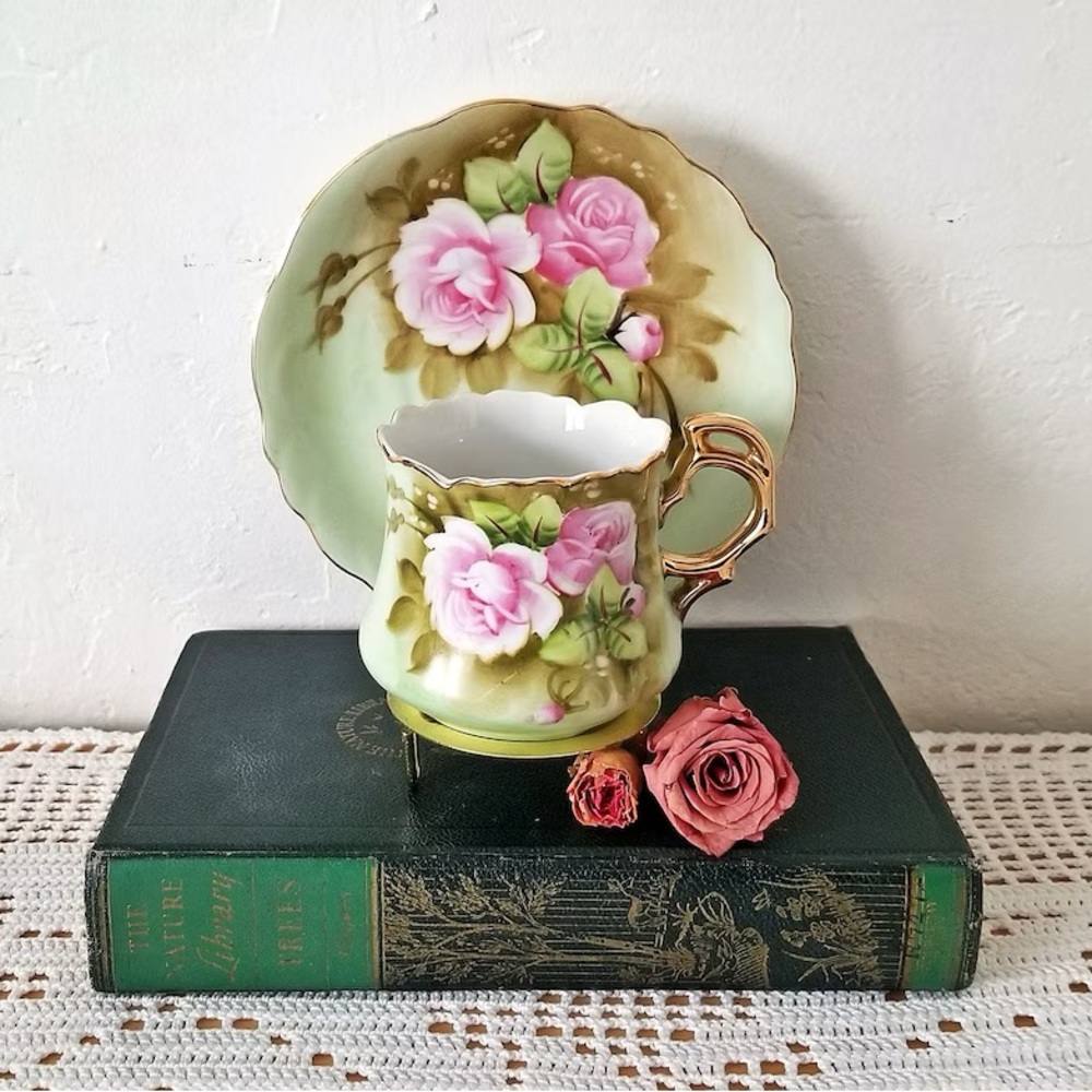 Vintage Lefton China mini Tea Cup & Saucer Hand Painted Roses  Pattern #3067